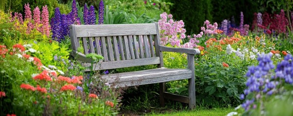 Serene wooden bench in lush colorful flower garden