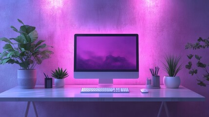 Stylish Home Office Setup with Purple Lighting and Green Plants