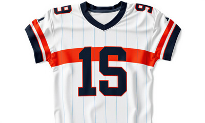 Fototapeta premium This features sports jersey design with white base, orange and navy stripes, and number 15 prominently displayed. jersey has modern athletic style, suitable for team sports