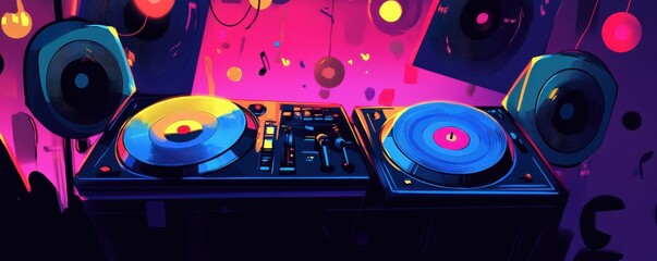 Obraz premium Vibrant dj console with vinyl records and colorful lights in a dynamic music setting