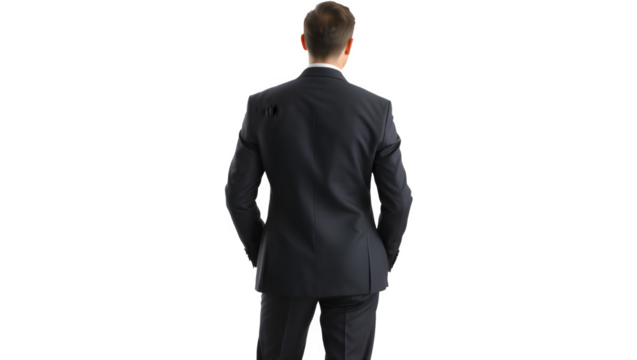 A man in a formal suit stands with his back facing, exuding professionalism and confidence.
