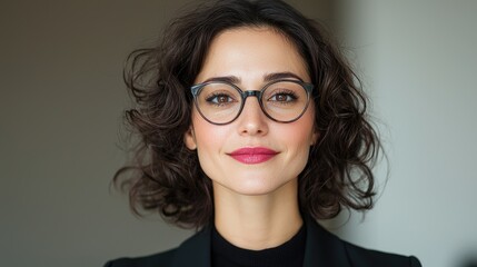 Obraz premium Woman in eyeglasses, confident look, neutral background, professional portrait, possible use in business or fashion
