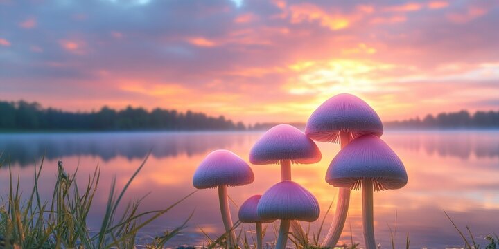 A tranquil scene of pink mushrooms by a body of water, set against the backdrop of a sunset with clouds and a forest.