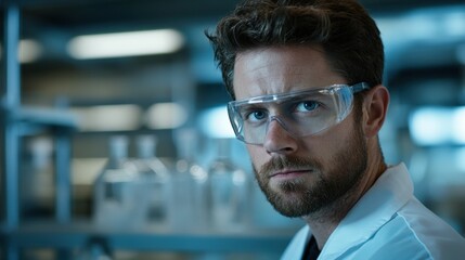 A focused portrait of a young European scientist in a laboratory setting, showcasing a serious expression and dedication to research and innovation in science.