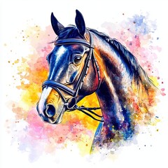 Brown horse depicted in a vibrant, watercolor-inspired style -