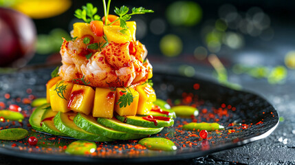  Lobster and Avocado Tower with Mango Salsa