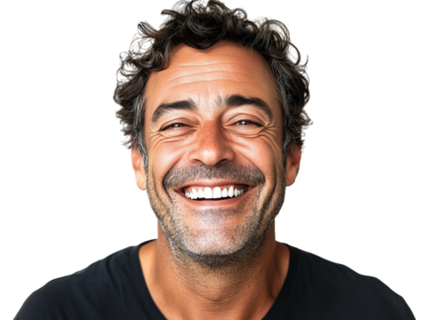 A happy man smiling with his teeth showing, his eyes shining with joy, isolated on a white background