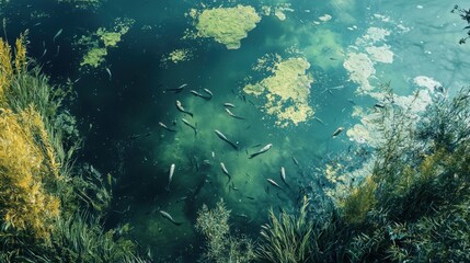 Fototapeta premium A serene natural pond filled with various fish swimming among vibrant green plants and scattered patches of algae. Sunlight illuminates the water, creating a tranquil environment
