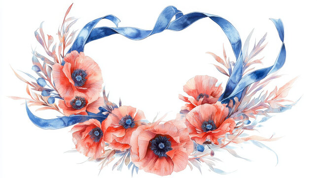 Watercolor art of a wreath of vibrant red poppies and delicate foliage adorned with a flowing blue ribbon. Concept of remembrance, nature, beauty, and honoring sacrifice for American Memorial Day