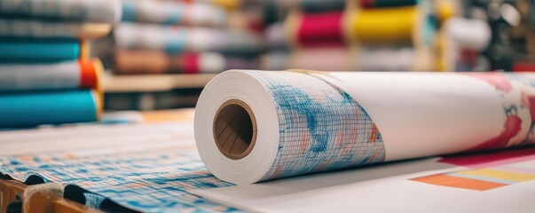 Colorful textile roll on table in fabric store with various patterns