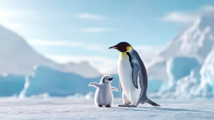 Fototapeta premium Playful Emperor Penguin Chick Standing Beside Adult in Icy Antarctic Landscape. Concept of Wildlife Adoration, Antarctic Biology, Animal Family, Cold Habitat. Copy space