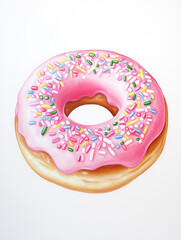 A pink frosted donut with colorful sprinkles on a white background.