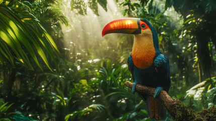 Obraz premium Vibrant Toucan with Colorful Beak Perched on Branch in Lush Jungle Environment. Concept of Tropical Wildlife, Exotic Birds, Natural Habitat, Jungle Serenity. Copy space