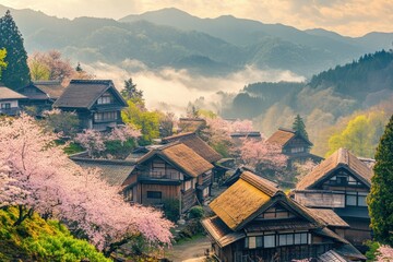 Cherry blossoms bloom in a serene Japanese village among mountains during springtime. Generative AI