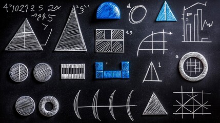 Geometric Shapes, Mathematical Equations, and Charts on a Blackboard