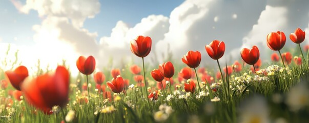 Vibrant tulip field at sunrise with blue sky and clouds in springtime