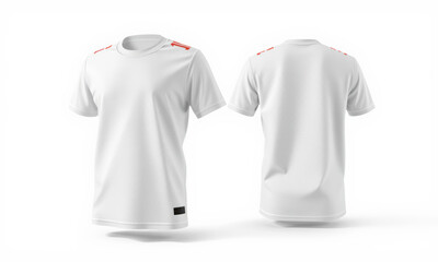 plain white jersey mockup featuring modern design with orange accents on shoulders. Ideal for showcasing sportswear or casual apparel