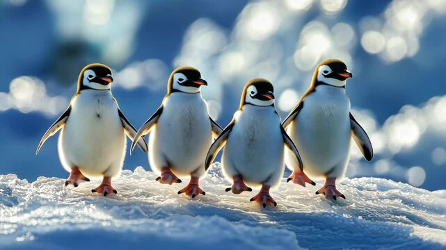 Group of little penguins walks on ice