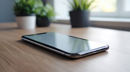 Modern smartphone on wooden table near plants.