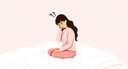 pensive young woman in pink pajamas sits on a white bed lost in thought.