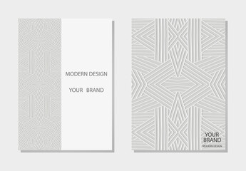 Set of covers, vertical templates. Collection of relief, geometric 3D backgrounds, embossing. Mandala, arabesques, logo. Ethnic ornaments and patterns of the East, Asia, India, Mexico, Aztec, Peru.