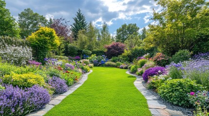 Lush garden path, blooming flowers, sunny day, landscaping design