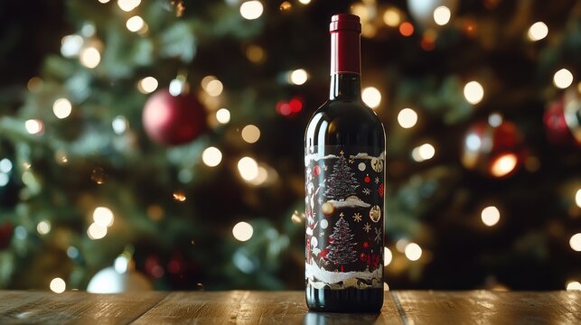 Decorated wine bottle with holiday theme on label, placed on table in front of lit-up Christmas tree. - Powered by Adobe