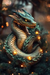 Fototapeta premium Decorative dragon sits on green fir tree, glowing with lights.