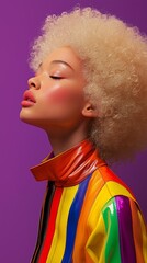 Photo of a beautiful girl with afro hair, wearing rainbow leather jacket, eyes closed, on purple background
