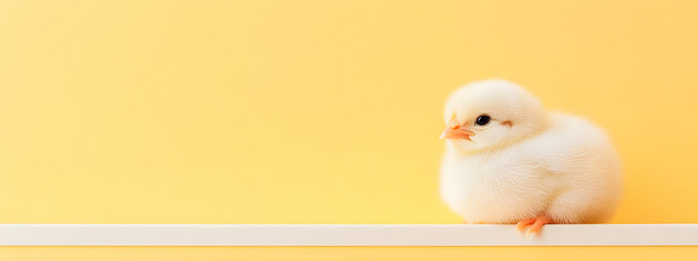 Little newborn chicken on yellow background. Yellow bird on spring sunny backdorp. Happy Easter concept. Banner, card with cute funny chick pet. Organic farm, love animals theme with copy space.