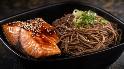 A delicious meal of Asian-style salmon with a spicy sauce, served on top of noodles in a black bowl. This dish is both flavorful and nutritious, offering the best of both worlds.
