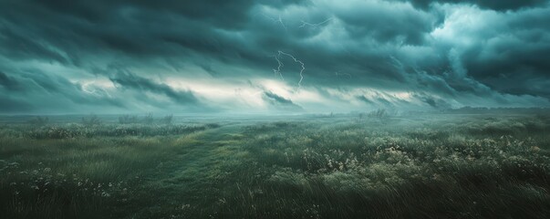 Fototapeta premium Dramatic thunderstorm over open grassland with dark clouds and lightning