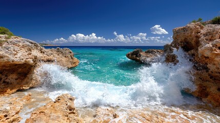 Turquoise cove waves crashing rocks sunny day travel