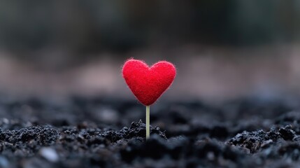 Fototapeta premium Red heart growing in dark soil, symbol of new beginnings. Possible use Stock photo for inspiration, love, new life