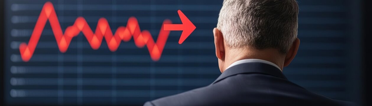 A businessman watching a red arrow on a screen pointing straight down