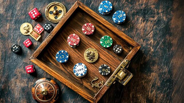 Colorful poker chips and dice arranged in a vintage wooden tray for an exciting game night