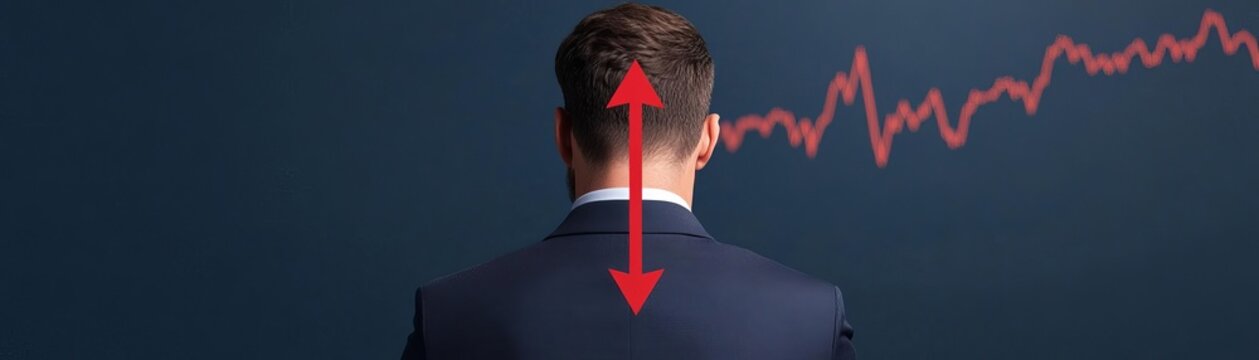 A businessman watching a red arrow on a screen pointing straight down