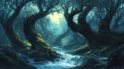 Obraz premium Enchanted Forest Stream: A Digital Painting of Mystical Woods