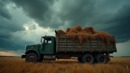 Obraz premium Farmer truck, Top view of a farmer truck with hay bales under a stormy sky dramatic mood HDR lighting 8K UHD
