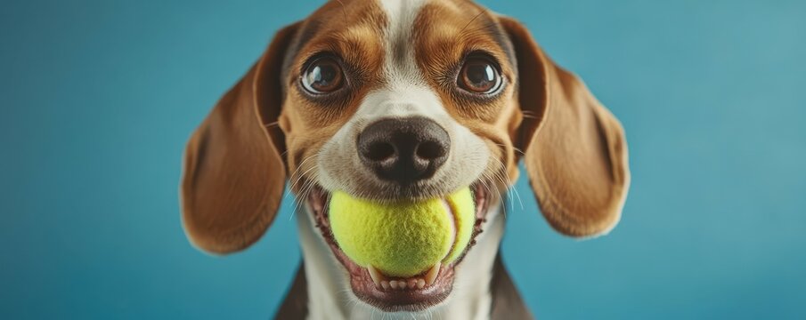 Beagle dog with tennis ball in mouth against blue background
