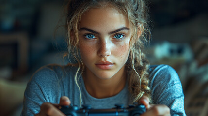A young gamer in a sleek uniform exudes confidence and professionalism. Standing tall, her beauty and elegance are highlighted against a blurred professional background, symbolizing grace and modernit