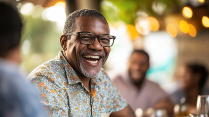 Obraz premium Caribbean Man in His 40s Laughing While Sitting at a Table with Friends, Enjoying a Friendly Conversation
