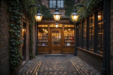 Fototapeta premium Cozy bookshop nestled in charming, ivy-covered cobblestone alleyway