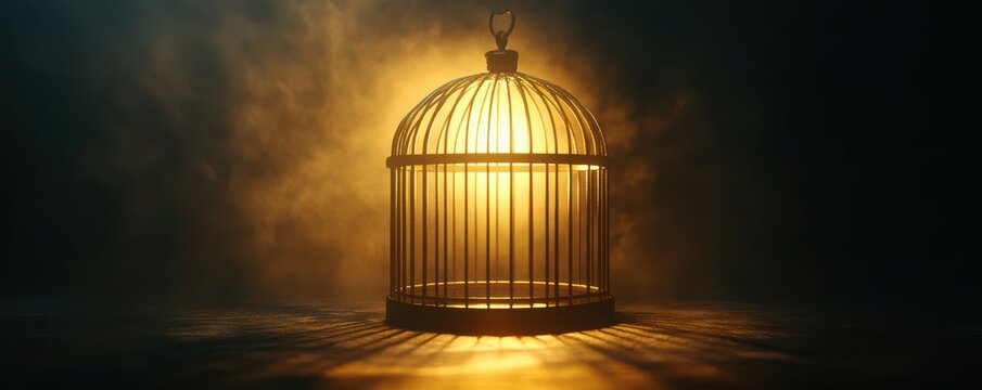 Golden light illuminating empty birdcage in misty atmosphere