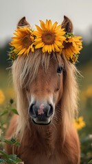 Adorable chestnut pony wearing a sunflower crown.  A heartwarming image of serenity and summer.