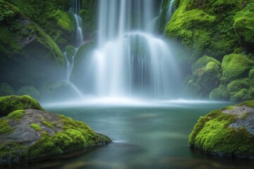 Obraz premium Serene waterfall cascades into tranquil pool, surrounded by lush green, moss-covered rocks.