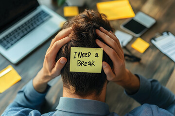Overworked Employee with "I Need a Break" Sticky Note – Workplace Stress