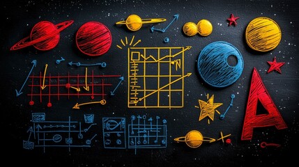 Colorful Chalk Drawings of Planets, Stars, and Diagrams on a Blackboard