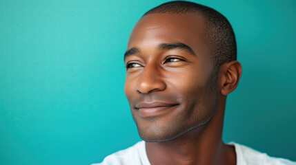 Peaceful and Content Caribbean Man in His Early 30s with a Soft Smile Against a Solid Teal Background