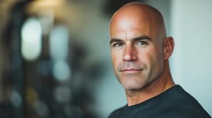 Fototapeta premium Hair loss in a fitness center, a person doing strength training exercises. Featuring empowerment and health